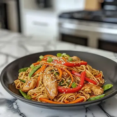 Chicken Lo Mein served on a black plate in a bright modern kitchen, with egg noodles, stir-fried chicken, bell peppers, carrots, snow peas, and sesame seeds, placed on a marble countertop.