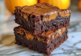 Two thick, fudgy pumpkin brownies stacked on top of each other, with a rich chocolate base and vibrant pumpkin swirl, sitting on a marble surface with small pumpkins in the blurred background.
