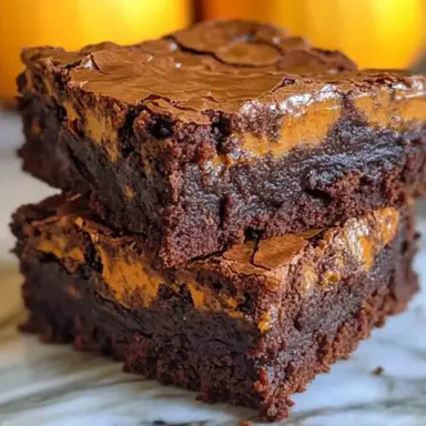 Two thick, fudgy pumpkin brownies stacked on top of each other, with a rich chocolate base and vibrant pumpkin swirl, sitting on a marble surface with small pumpkins in the blurred background.