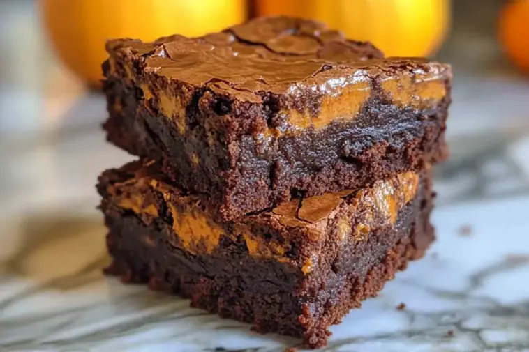 Two thick, fudgy pumpkin brownies stacked on top of each other, with a rich chocolate base and vibrant pumpkin swirl, sitting on a marble surface with small pumpkins in the blurred background.