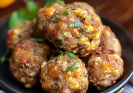 Close-up of golden-brown sausage stuffing balls with herbs and melted cheese, served in a black bowl and garnished with fresh parsley.