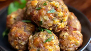 Close-up of golden-brown sausage stuffing balls with herbs and melted cheese, served in a black bowl and garnished with fresh parsley.