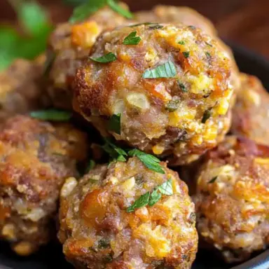 Close-up of golden-brown sausage stuffing balls with herbs and melted cheese, served in a black bowl and garnished with fresh parsley.