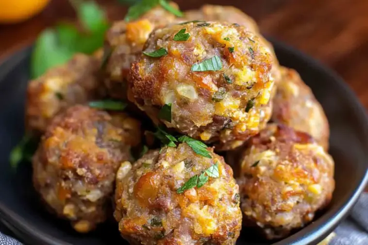 Close-up of golden-brown sausage stuffing balls with herbs and melted cheese, served in a black bowl and garnished with fresh parsley.