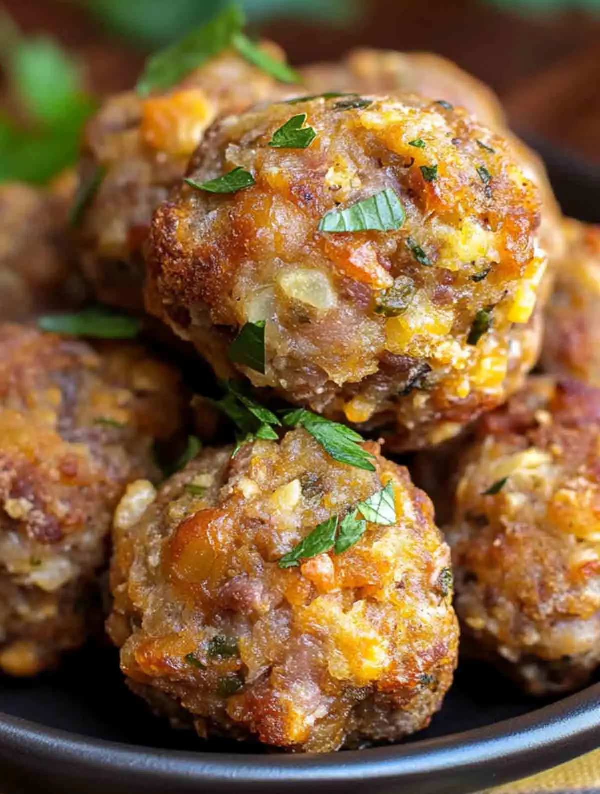 Vertical image showing close-up of baked sausage stuffing balls with melted cheese and herbs, served in a black bowl with fresh parsley garnish.