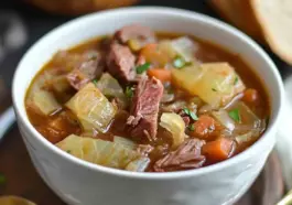 Close-up of a bowl of slow cooker corned beef and cabbage stew with tender beef, cabbage, carrots, and potatoes in a savory broth.