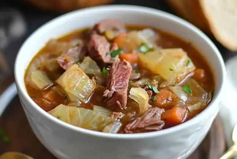 Close-up of a bowl of slow cooker corned beef and cabbage stew with tender beef, cabbage, carrots, and potatoes in a savory broth.