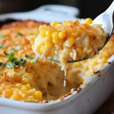 A spoonful of creamy corn casserole being lifted from a white baking dish, showing golden baked edges and melty cheese topping.