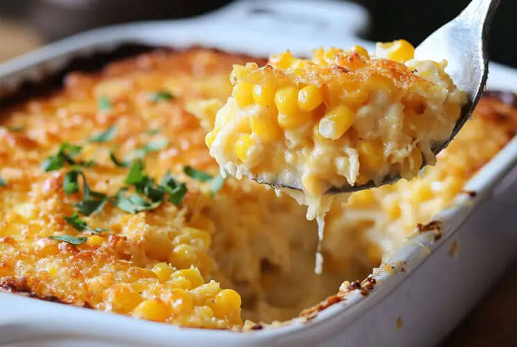 Close-up of a cheesy corn casserole being served from a white baking dish, topped with golden brown crust and fresh parsley.