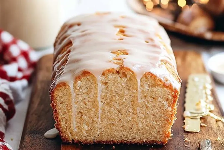 Golden eggnog bread topped with a thick glaze, sliced to show its soft, tender crumb, resting on a wooden board with festive lights and a red-checked towel in the background.