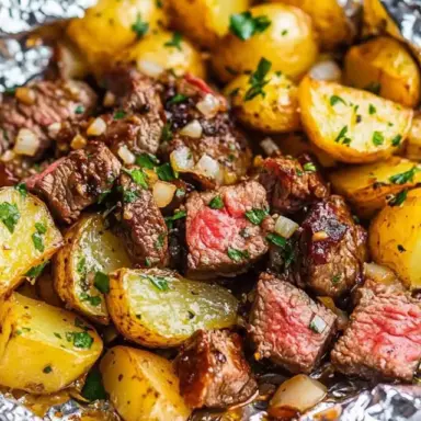 Close-up of garlic steak and potato foil packets featuring juicy steak cubes, golden roasted potatoes, and chopped parsley, all cooked to perfection in aluminum foil.