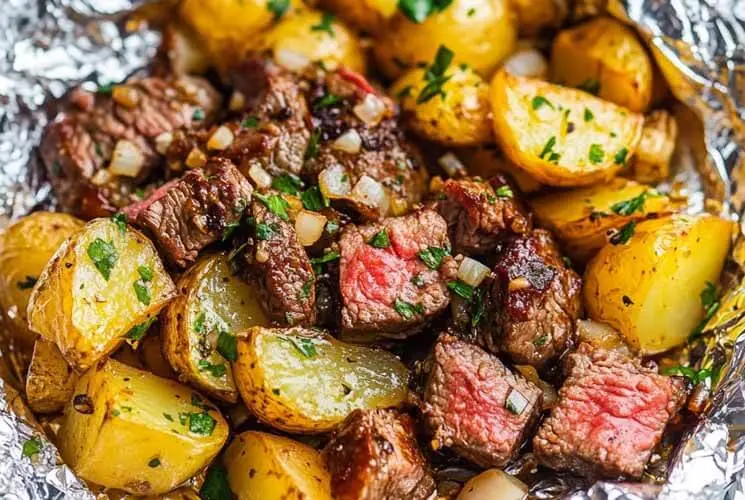 Juicy steak cubes and golden roasted potatoes seasoned with herbs and garlic, served hot in a foil packet for an easy and flavorful meal.