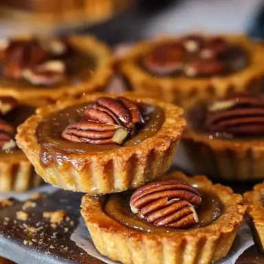 Close-up of mini pecan tarts with golden crust and glossy pecan filling, topped with whole toasted pecans on a metal tray.