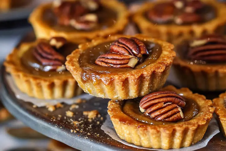 Golden mini pecan tarts with glossy, gooey filling and whole toasted pecans on top, stacked on a rustic metal tray with flaky crumbs.