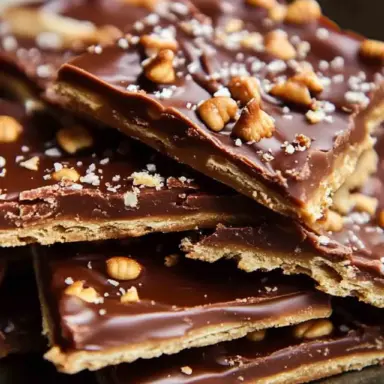Close-up of homemade Saltine Toffee stacked on a plate, showing layers of crispy crackers, glossy melted chocolate, and sprinkled nuts and sea salt.