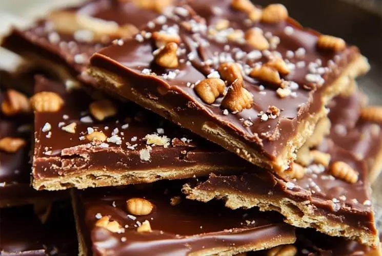 Stack of homemade Saltine Toffee pieces featuring golden caramel layers, glossy chocolate topping, and a sprinkle of chopped nuts and sea salt.