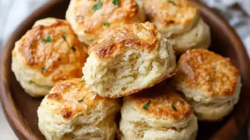Close-up of golden brown, flaky homemade buttermilk biscuits stacked on a wooden plate, garnished with fresh herbs and served warm.