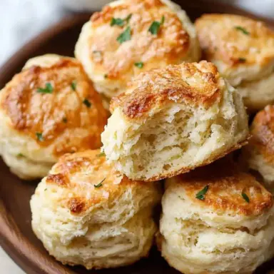 A wooden plate stacked with golden, flaky homemade buttermilk biscuits, garnished with chopped herbs and served warm with a side of butter.