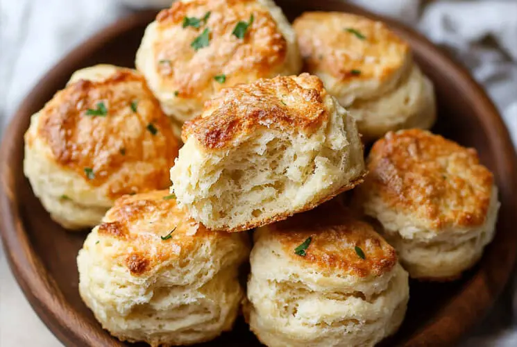 Close-up of golden brown, flaky homemade buttermilk biscuits stacked on a wooden plate, garnished with fresh herbs and served warm.