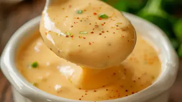 Spoonful of golden homemade cheese sauce sprinkled with red pepper flakes and chopped green herbs, served in a white ramekin.