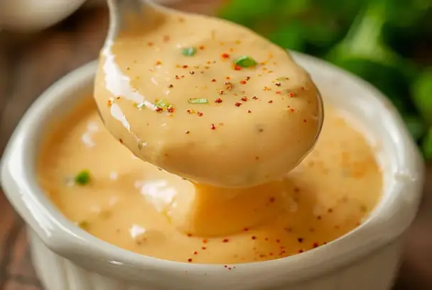 Spoonful of golden homemade cheese sauce sprinkled with red pepper flakes and chopped green herbs, served in a white ramekin.