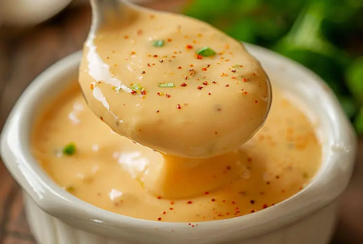 Spoonful of golden homemade cheese sauce sprinkled with red pepper flakes and chopped green herbs, served in a white ramekin.