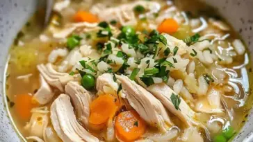 Close-up of a bowl of chicken rice soup with shredded chicken, cooked carrots, peas, rice, and chopped herbs in a clear broth.