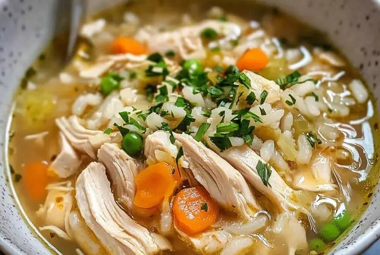 Close-up of a bowl of chicken rice soup with shredded chicken, cooked carrots, peas, rice, and chopped herbs in a clear broth.