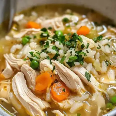 A bowl of chicken rice soup filled with shredded chicken, white rice, carrots, peas, and garnished with chopped parsley in a light broth.