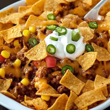 Close-up of a Frito Pie served in a white bowl, topped with seasoned ground beef, melted cheddar cheese, corn, Fritos chips, sour cream, and sliced jalapeños.