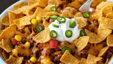 Bowl of homemade Frito Pie topped with melted cheese, seasoned beef, corn, diced tomatoes, Fritos corn chips, sour cream, and sliced jalapeños.