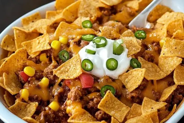 Bowl of homemade Frito Pie topped with melted cheese, seasoned beef, corn, diced tomatoes, Fritos corn chips, sour cream, and sliced jalapeños.