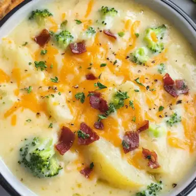 Bowl of creamy loaded broccoli potato soup topped with melted cheddar, crispy bacon, and chopped herbs, served with a side of toast.