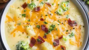 Close-up of a bowl filled with loaded broccoli potato soup, featuring chunks of potato, broccoli florets, cheddar cheese, bacon bits, and herbs in a creamy broth.