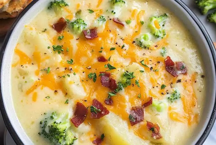 Close-up of a bowl filled with loaded broccoli potato soup, featuring chunks of potato, broccoli florets, cheddar cheese, bacon bits, and herbs in a creamy broth.