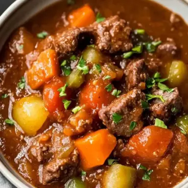 A close-up bowl of slow cooker beef stew filled with tender beef chunks, carrots, potatoes, and celery in a thick, savory brown gravy, garnished with fresh parsley.