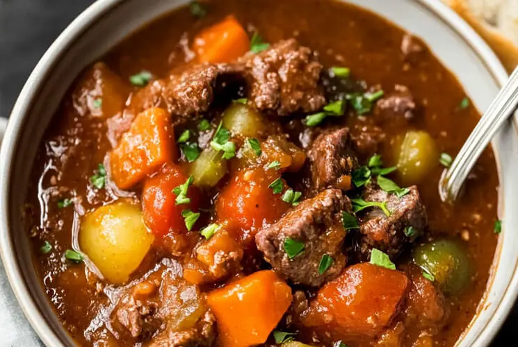 Bowl of homemade slow cooker beef stew with chunks of beef, carrots, potatoes, and celery in a thick brown sauce, garnished with parsley and served with a spoon.