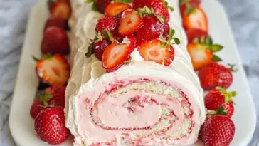 A rolled strawberries and cream cake with whipped cream filling and fresh strawberries on top, displayed on a white platter for a spring or summer dessert.
