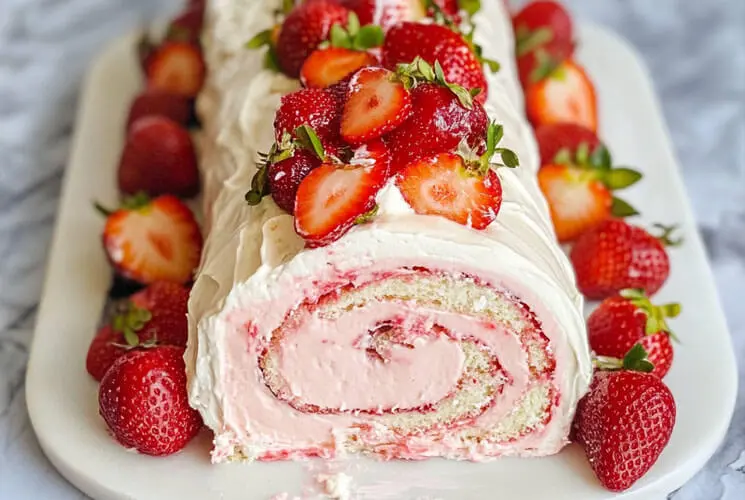 A rolled strawberries and cream cake with whipped cream filling and fresh strawberries on top, displayed on a white platter for a spring or summer dessert.