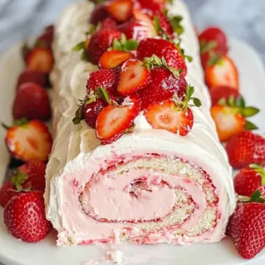 A fluffy strawberries cream cake roll filled with whipped cream and fresh strawberries, topped with halved berries and served on a white platter.