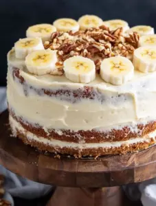 Banana cake with cream cheese frosting on a wooden cake stand, topped with banana slices and chopped pecans.