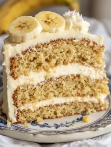 Close-up of a slice of banana cake with cream cheese frosting and banana slices on top, served on a decorative plate.