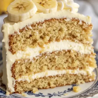 Close-up of a slice of banana cake with cream cheese frosting and banana slices on top, served on a decorative plate.