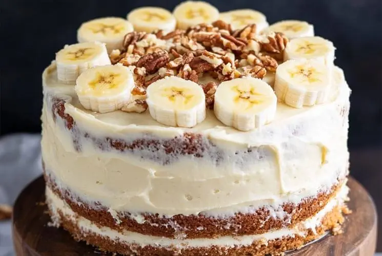 Layered banana cake with cream cheese frosting, decorated with banana slices and chopped pecans on top.