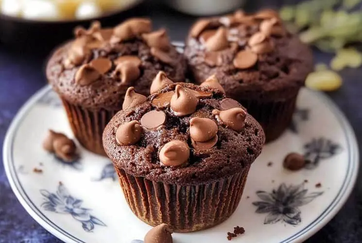 Three moist chocolate muffins topped with melty chocolate chips, displayed on a floral-patterned plate.