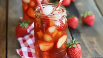 Two mason jars filled with iced Southern Strawberry Sweet Tea, loaded with sliced strawberries and ice cubes, set on a rustic wooden table with a red checkered cloth.