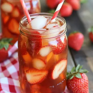 A mason jar filled with Southern Strawberry Sweet Tea, garnished with ice and fresh strawberry slices, sitting on a red gingham cloth with whole strawberries nearby.