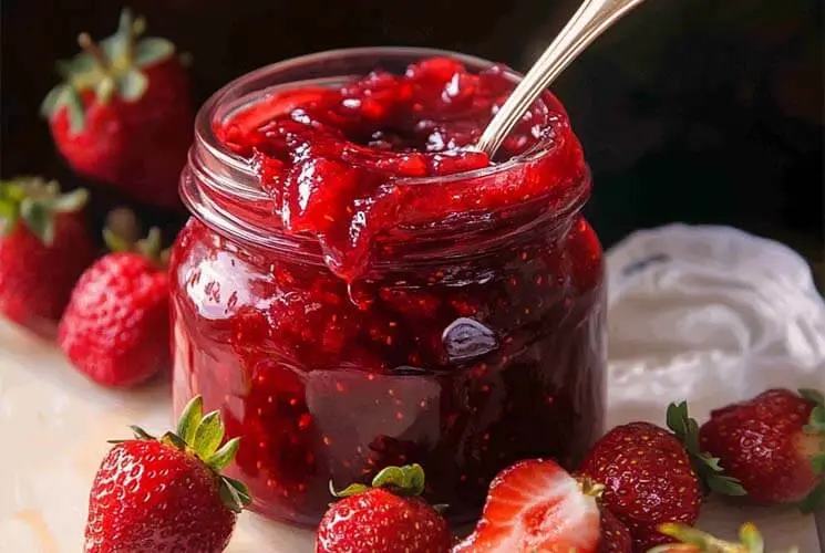 A glass jar filled with vibrant, homemade strawberry jam with a spoon inside, surrounded by fresh strawberries and a soft white cloth in the background.