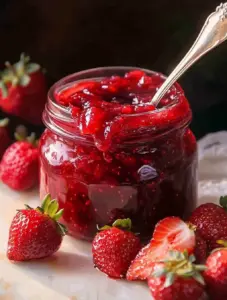 A vibrant jar of homemade strawberry jam with a silver spoon, surrounded by whole and sliced fresh strawberries on a light marble surface.