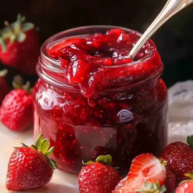 A vibrant jar of homemade strawberry jam with a silver spoon, surrounded by whole and sliced fresh strawberries on a light marble surface.